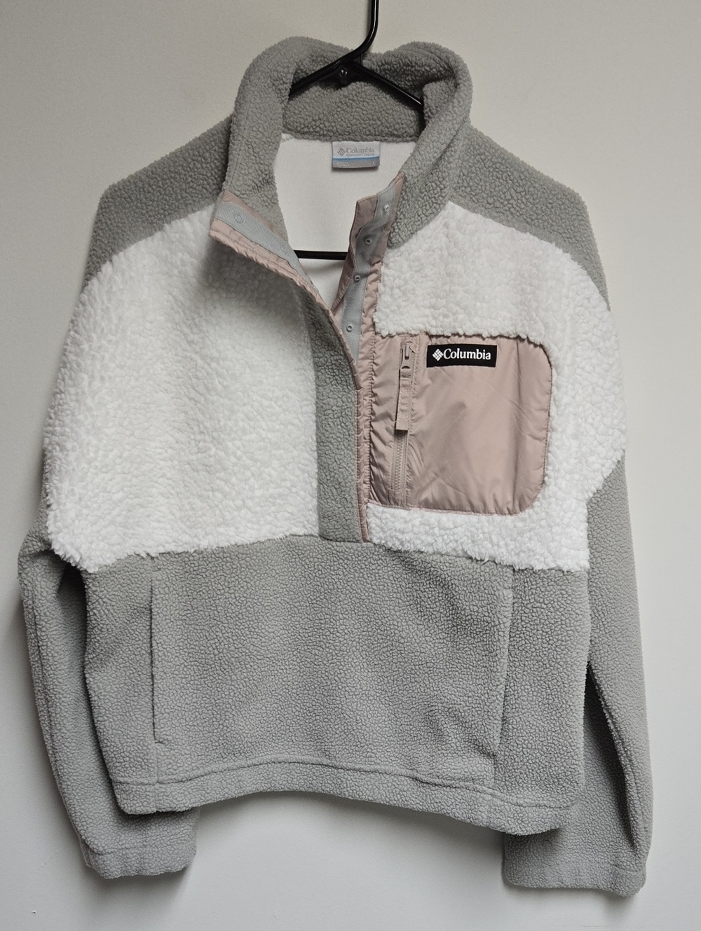 Columbia Gray, White & Pale Pink Sherpa Colorblox Pullover Jacket Large